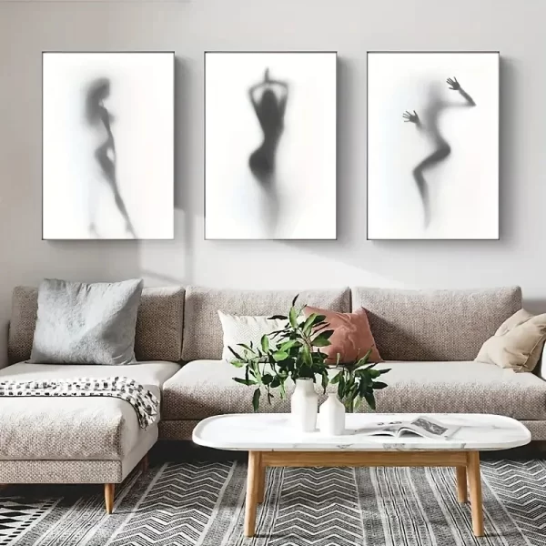 3pcs/set Black and White Canvas Print Posters Shower Hazy Silhouette Canvas Wall Art Paintings Living Room Bedroom Wall Decor