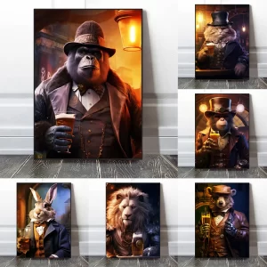 Animal Suit Gentleman Drinking Poster Gorilla Lion Rabbit Beer Pictures Funny Bar Wall Art Canvas Painting Home Decorative