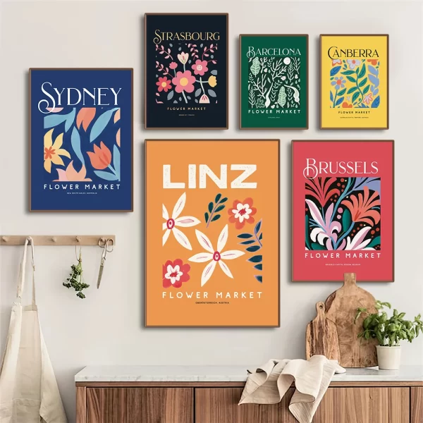 Boho Flower Market Poster Sydney Brussels Barcelona Linz Botanical Pictures Wall Art Painting Canvas Prints Home Decorative