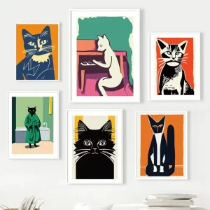Minimalist Cat Portrait Red Wine Jazz Music Piano Abstract Posters Prints Canvas Print Wall Art Picture Living Room Decor Poster