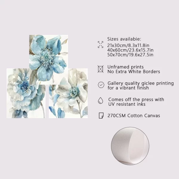 3PCS Frameless Abstract Blue Floral Canvas Painting Nordic Flower Poster and Prints Wall Art Pictures for Living Room Home Decor - Image 2