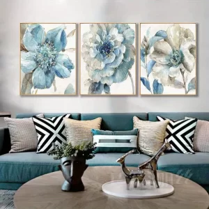 3PCS Frameless Abstract Blue Floral Canvas Painting Nordic Flower Poster and Prints Wall Art Pictures for Living Room Home Decor