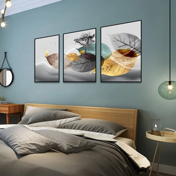 3PCS Frameless Abstract Grey Golden Blue Leaves Canvas Painting Posters and Print Still Life for Living Room Home Wall Decor - Image 3