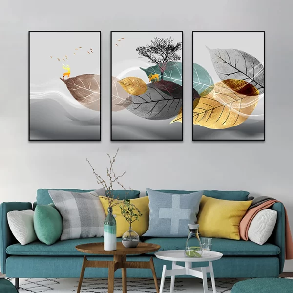 3PCS Frameless Abstract Grey Golden Blue Leaves Canvas Painting Posters and Print Still Life for Living Room Home Wall Decor - Image 2