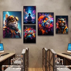 1PC Colorful Neon Poster Sunglasses Cat Canvas Painting Gamepad Headphones Gaming Room Decor Wall Art Pictures for Boy's Room