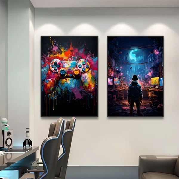 1PC Colorful Neon Poster Sunglasses Cat Canvas Painting Gamepad Headphones Gaming Room Decor Wall Art Pictures for Boy's Room - Image 2