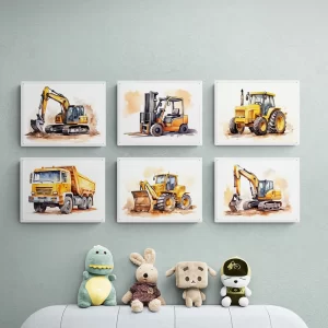 6 Pcs Nursery Truck Prints Canvas Poster Cartoon Nursery Art Decor Wall Art Big Boys Decor Watercolor Kids Playroom Decoration