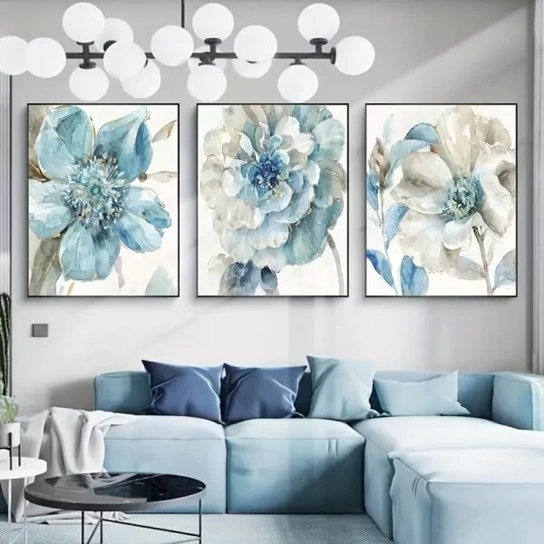 3PCS Frameless Abstract Blue Floral Canvas Painting Nordic Flower Poster and Prints Wall Art Pictures for Living Room Home Decor - Image 4