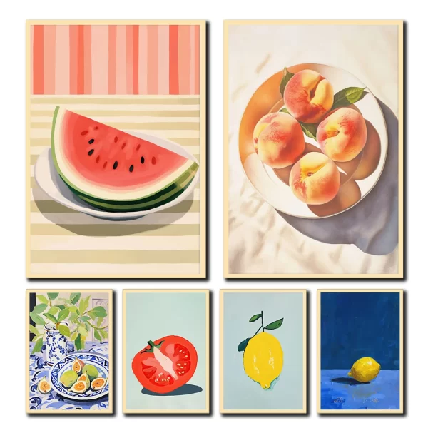 Minimalist Modern Abstract Fruit Wall Art Print Orange Peaches Strawberry Watermelon Tomato Lemon Fig Canvas Poster Home Decor