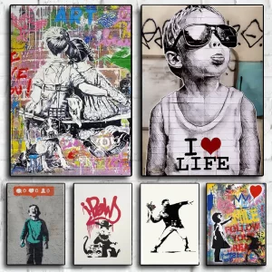 Banksy Classic Graffiti Vintage Posters Quality Wall Art Retro Canvas Print Painting Wall Art Poster Home Living Room Decoration